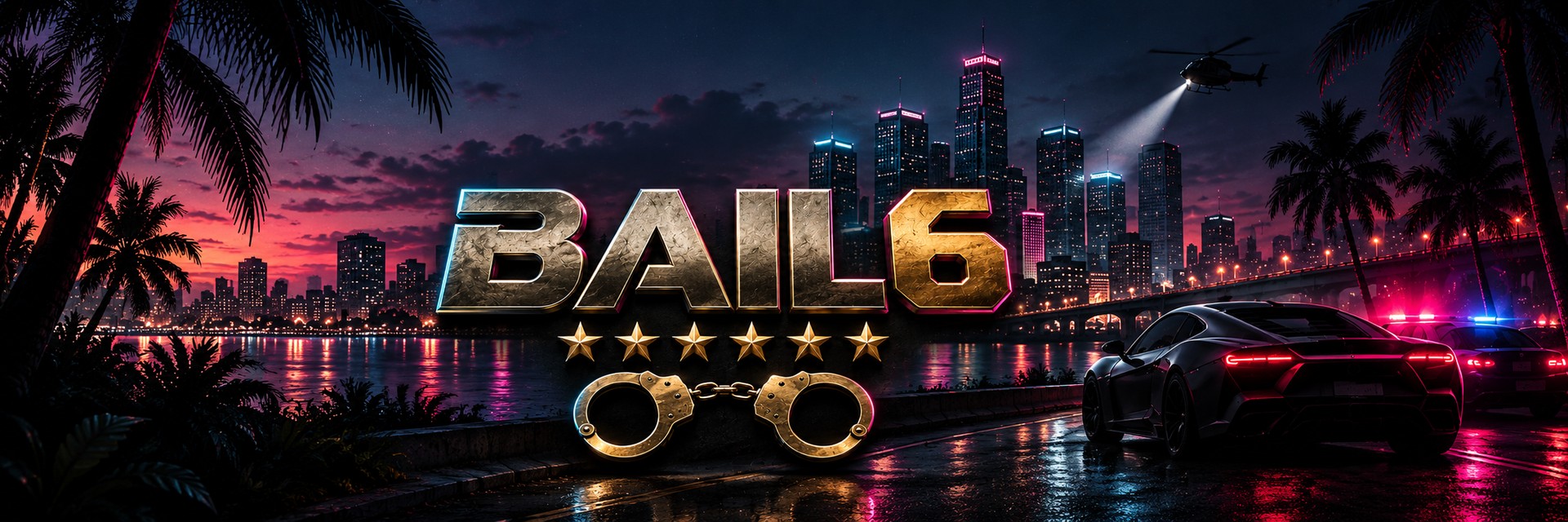 BAIL6 logo above six stars and handcuffs over a neon city skyline